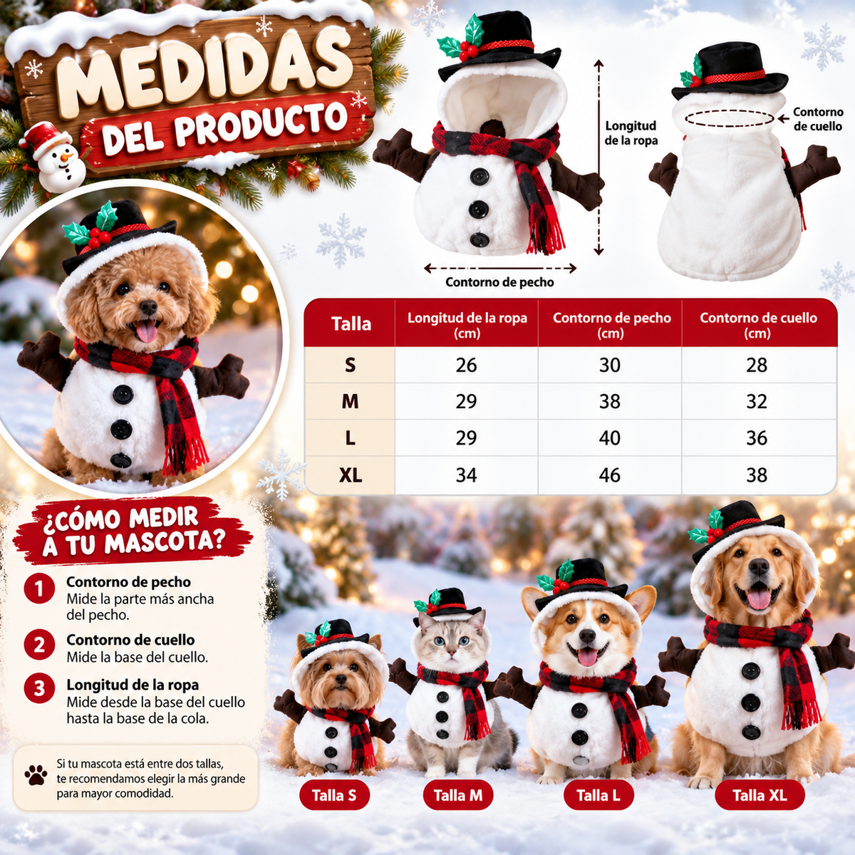 Disfraz de Muñeco de Nieve para Perros y Gatos